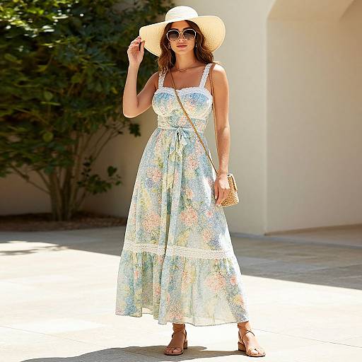 Photograph of a tall, slender woman in a flowing, light blue floral dress, white sunhat, sunglasses, and brown sandals, standing outdoors in