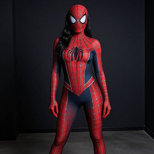 Photograph of a person in a detailed red and blue Spider-Man costume with white eyes, standing against a dark, plain background.