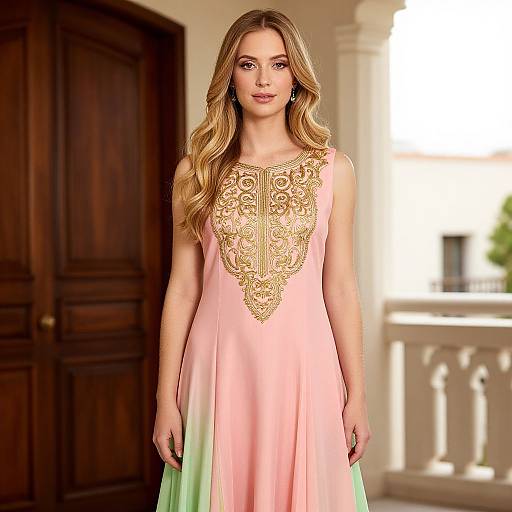 Elegant Blonde Woman in Embroidered Dress