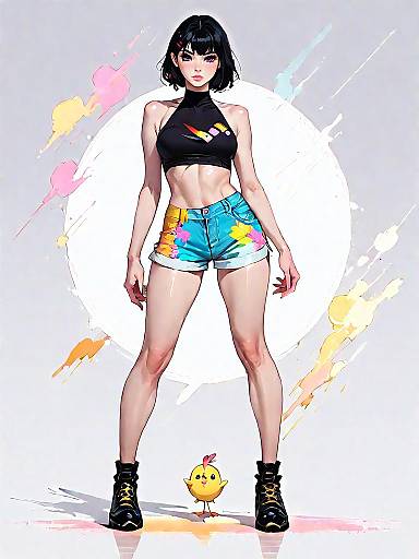 Chic Woman in Halter Crop Top and Colorful Shorts