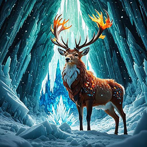 Crystal-Infused Phoenixstag in Frozen Cavern
