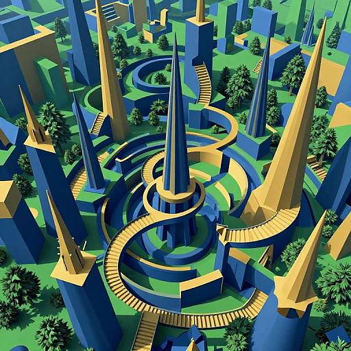 Abstract digital artwork of a futuristic city with tall, colorful skyscrapers, winding yellow walkways, and green trees, viewed from above.