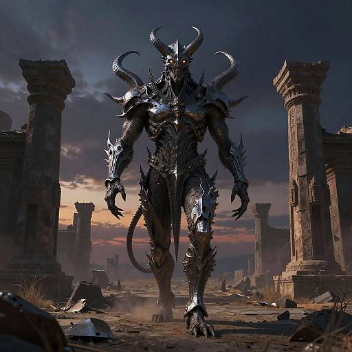 Fantasy Demon Warrior in Deserted Temple