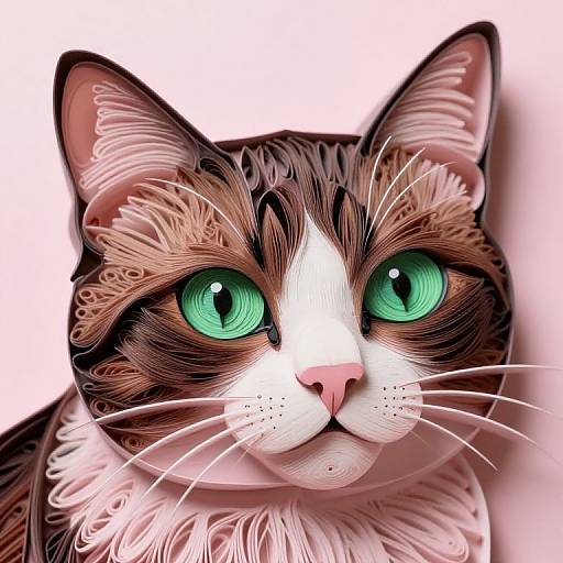 Digital illustration of a close-up, detailed, brown and white cat with vibrant green eyes, pink nose, and intricate fur patterns against a white background.