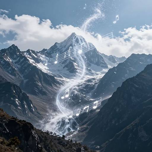 Photograph of a snow-capped mountain range with musical notes and light trails superimposed, blending natural landscape with musical elements.