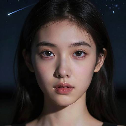 Digital portrait of an East Asian woman with fair skin, large brown eyes, and straight dark hair, illuminated against a dark, starry night background.