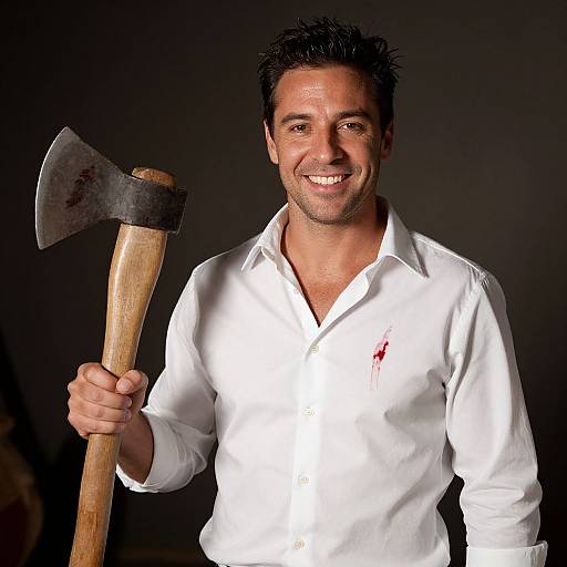 Photograph of a smiling, dark-haired man in a white shirt holding a blood-stained axe against a black background.