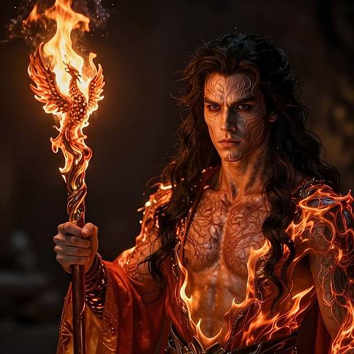 Photograph-like digital art of a muscular, dark-haired man with glowing, fire-encircled body, holding a flaming staff, against a dark