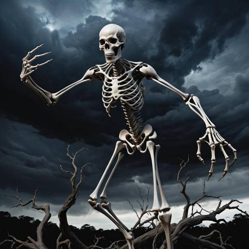 Eerie Skeletal Figure Under Ominous Sky Eerie Skeletal Figure Under Ominous Sky