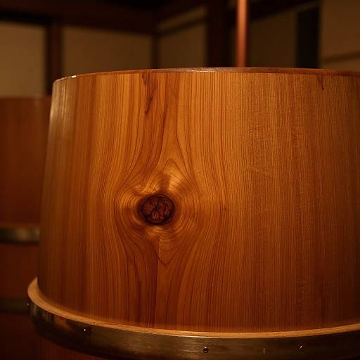 Close-up photograph of a cylindrical wooden lampshade with a rich, warm brown grain pattern and central knot, illuminated from below.