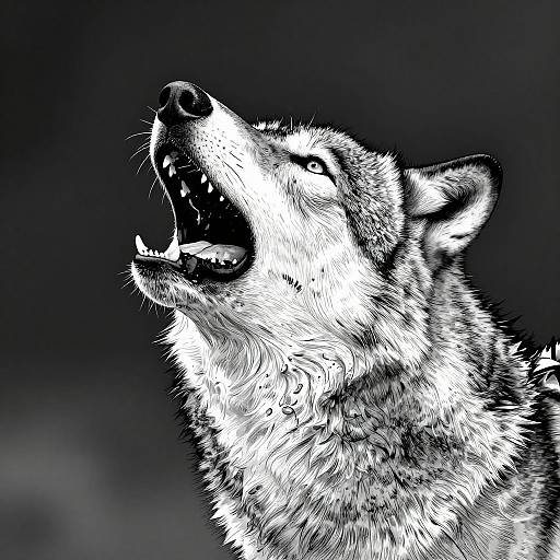 Black-and-white digital drawing of a howling wolf with detailed fur texture, sharp teeth, and raised head against a dark background.