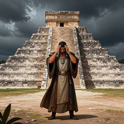Photograph of a dark-skinned man in Aztec-style clothing, standing in front of a large, ancient stone pyramid under a stormy sky.