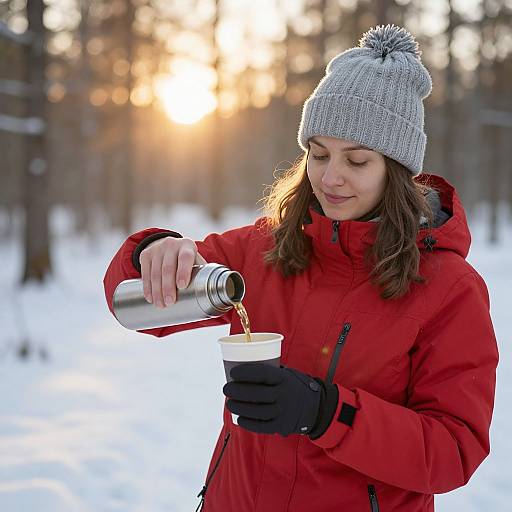 Woman Pouring Tea in Snowy Forest