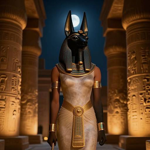 Digital artwork of an Egyptian goddess with a black Anubis head, wearing a white dress, gold accessories, standing between ancient pillars at night under a