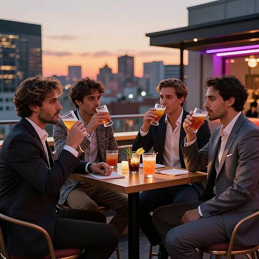 Photograph of five stylish, curly-haired men in suits drinking cocktails on a rooftop bar at sunset, city skyline in background.