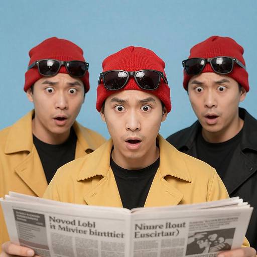 Three Surprised Men Reading Newspaper
