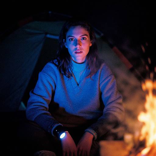 Photograph of a young woman with light brown hair, wearing a gray sweatshirt, illuminated by blue and orange campfire light, sitting in a dark