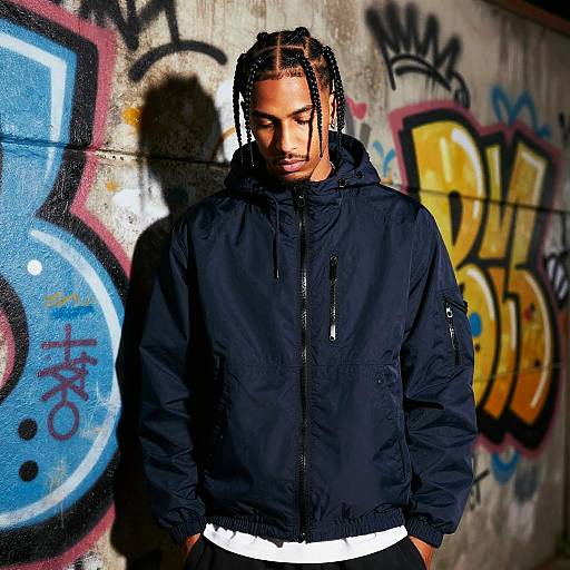 Photograph of a young Black man with braided hair, wearing a black jacket and white pants, standing against a graffiti-covered wall.