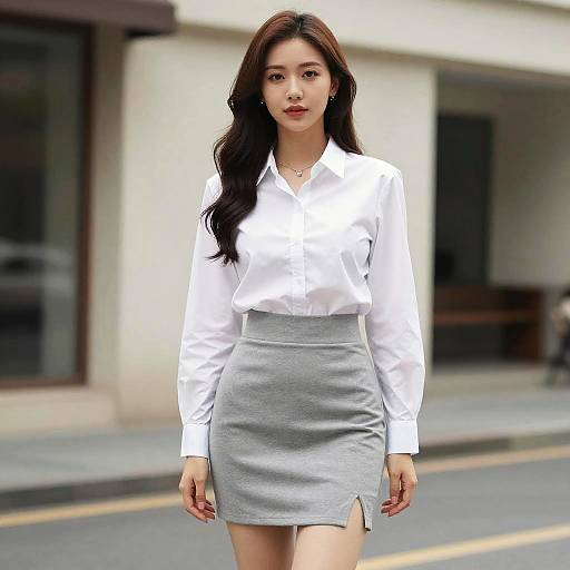 Woman in Smart Attire White Shirt and Grey Skirt