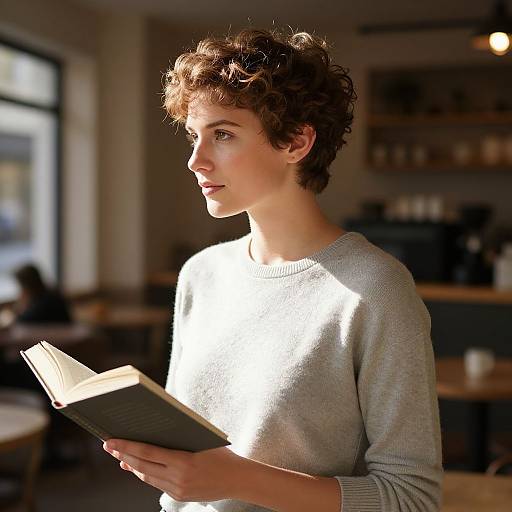 Photograph of a young woman with curly brown hair, wearing a light gray sweater, reading a book in a sunlit café.