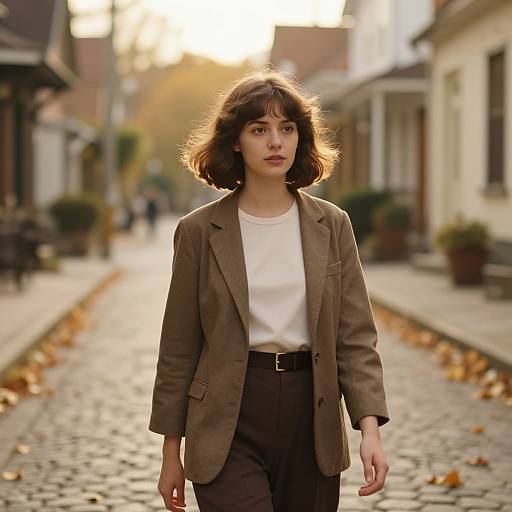 Woman Strolling Vintage Autumn Street