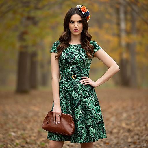 Photograph of a young woman with long dark hair, wearing a green floral dress, brown leather handbag, and colorful flower headband, standing in