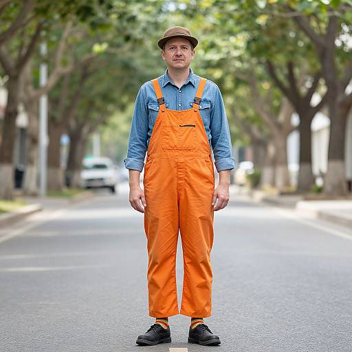Man in Orange Overalls on Street