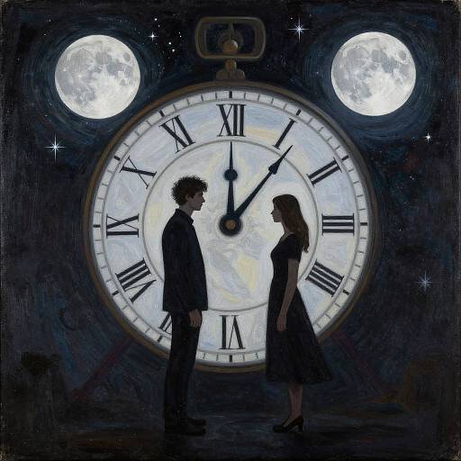 Digital illustration of a silhouetted couple facing each other in front of a large, glowing clock with two bright moons. Dark, starry background