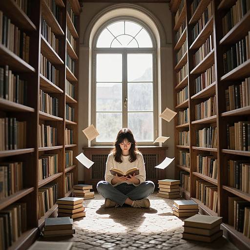 Photograph of a young woman with curly hair, wearing a white sweater and blue jeans, sitting cross-legged in a sunlit library aisle, surrounded by