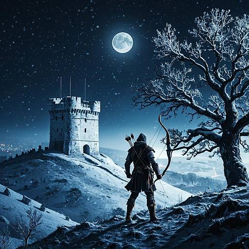 Medieval Archer on Snowy Hill at Night