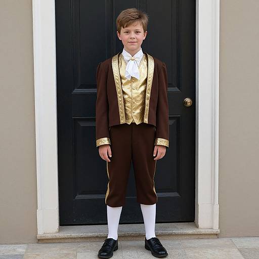 Photograph of a young boy with fair skin, brown hair, wearing a brown and gold formal outfit, white shirt, white socks, and black shoes