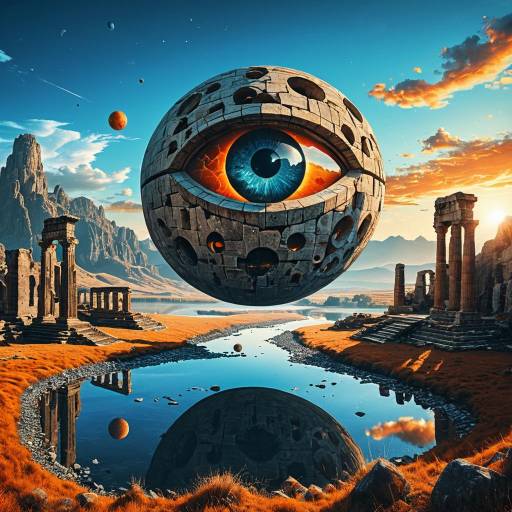 Surreal Landscape with Giant Eye and Ancient Ruins