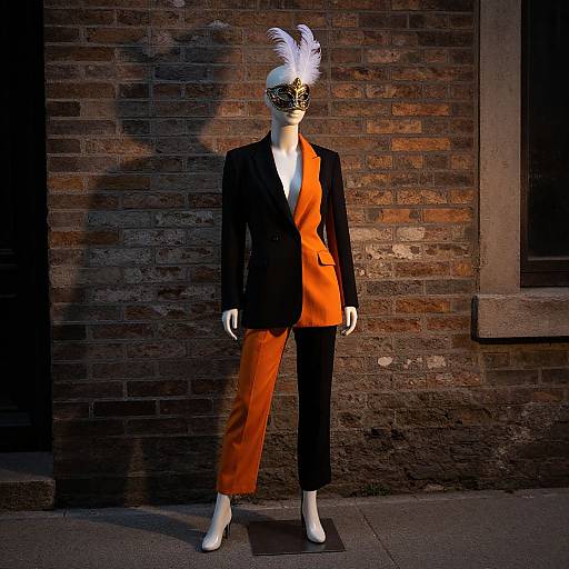 Photograph of a mannequin in black blazer, vibrant orange pants, white feathered mask, and white heels, standing against a brick wall