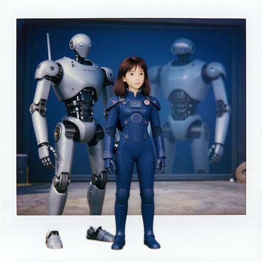 Photograph of an Asian girl in a blue, form-fitting, futuristic bodysuit standing between two silver robots in a dimly lit, blue
