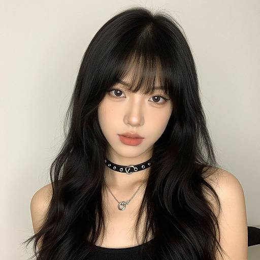 Photograph of an Asian woman with long black hair, bangs, wearing a black choker and necklace, pale skin, and black top, against