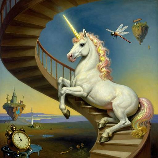 Fantastical painting of a glowing unicorn with a spiral staircase, dragonfly, and floating island, with an alarm clock below.