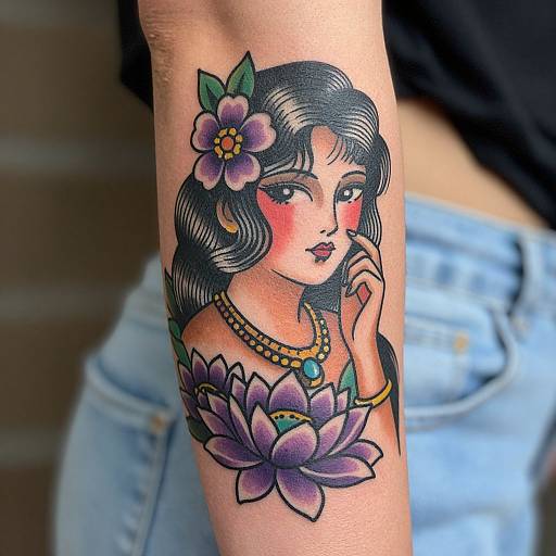 Colorful Traditional Woman Tattoo Close-Up