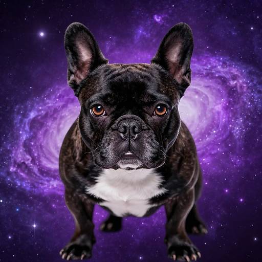 Photograph of a black and white French Bulldog with brown eyes, standing against a vibrant purple and white galaxy background.