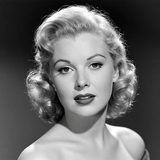 Black-and-white photograph of a 1940s-style woman with short, curly blonde hair, glossy lips, and a neutral expression, illuminated from above