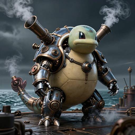 CGI image of a cybernetic, steam-puffing, battle-ready Blastoise with metallic armor standing on a stormy ocean ship deck