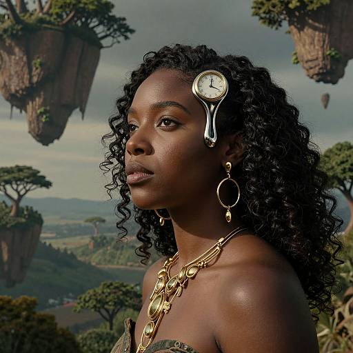 Photograph-style digital artwork of a dark-skinned woman with curly hair, wearing a gold necklace, clock hairpiece, and hoop earrings, against a