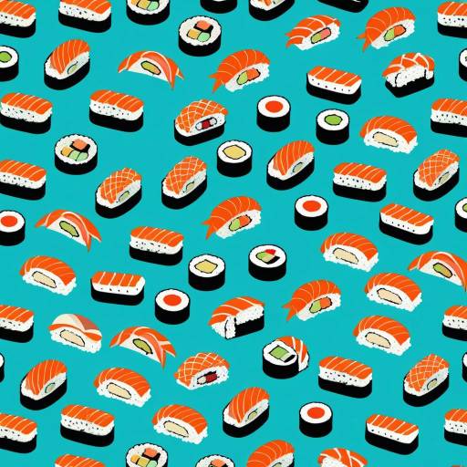 Cartoon Sushi Roll Pattern on Aqua Background