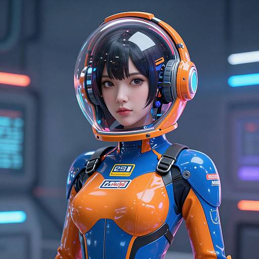 Digital art of an Asian woman in a glossy, orange and blue futuristic spacesuit with a transparent helmet, set in a sci-fi lab.