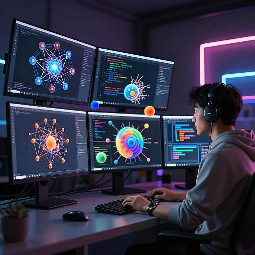 Photograph of a young man with short dark hair, wearing headphones, sitting at a desk with multiple glowing screens displaying colorful scientific visualizations in a dim