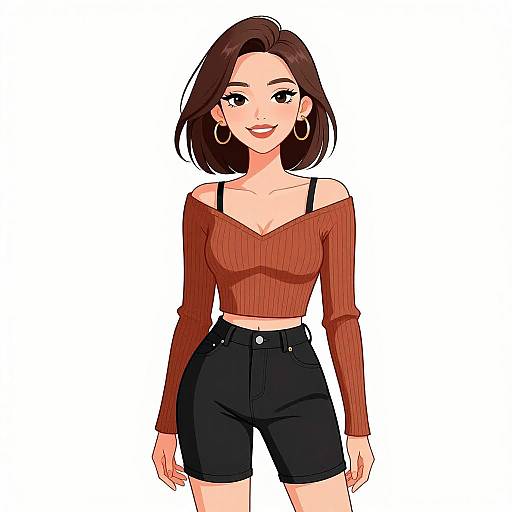 Digital anime-style drawing of a smiling woman with brown hair, wearing a red off-shoulder top, black shorts, and hoop earrings.
