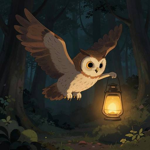 Whimsical Flying Owl Lantern Scene