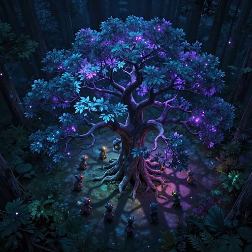 Fairy-lit, glowing blue and purple tree in a dark forest, surrounded by small, candle-carrying figures, creating a magical, enchant