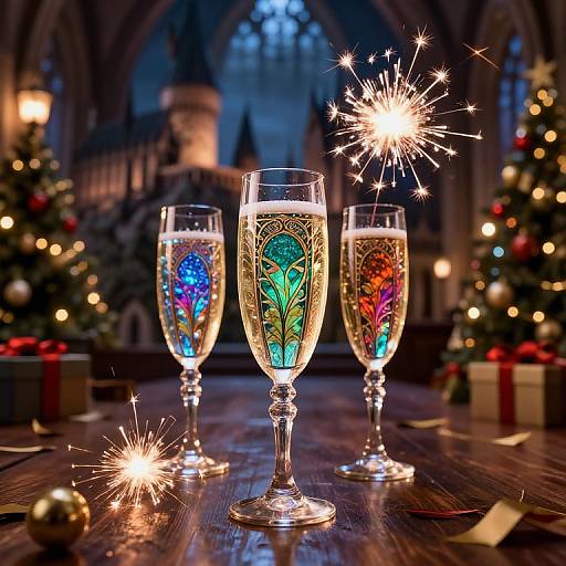 Photograph of three champagne flutes with colorful, glowing designs, each holding bubbly, surrounded by sparklers, in a festive, dimly-l