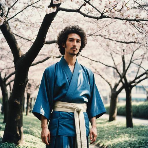 Man in Traditional Kimono Under Cherry Blossoms