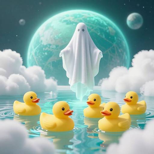 Digital art: Ghost in white sheet stands on glowing blue water, surrounded by yellow rubber ducks, with a planet and stars in the background.